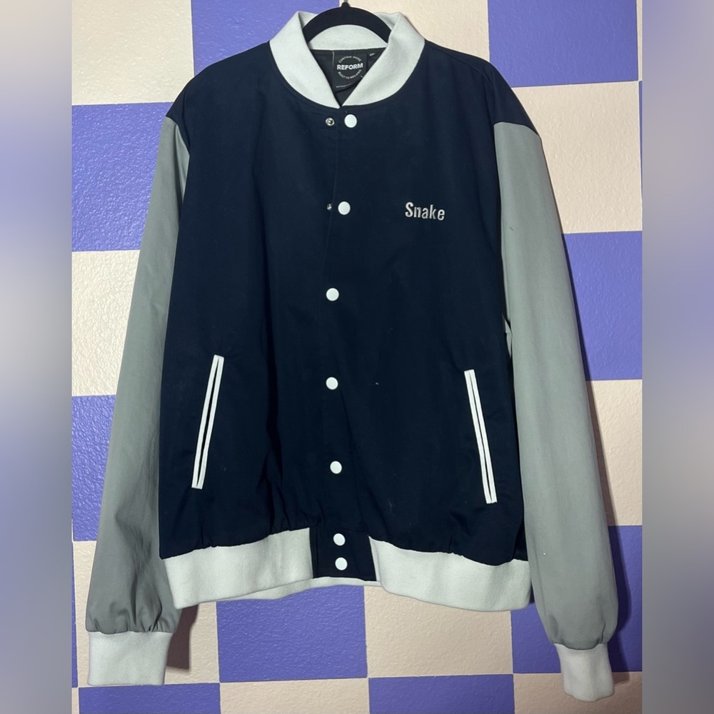 NWOT Reform Clothing Letterman Varsity Canvas Jacket in Navy w Snake Embroidered